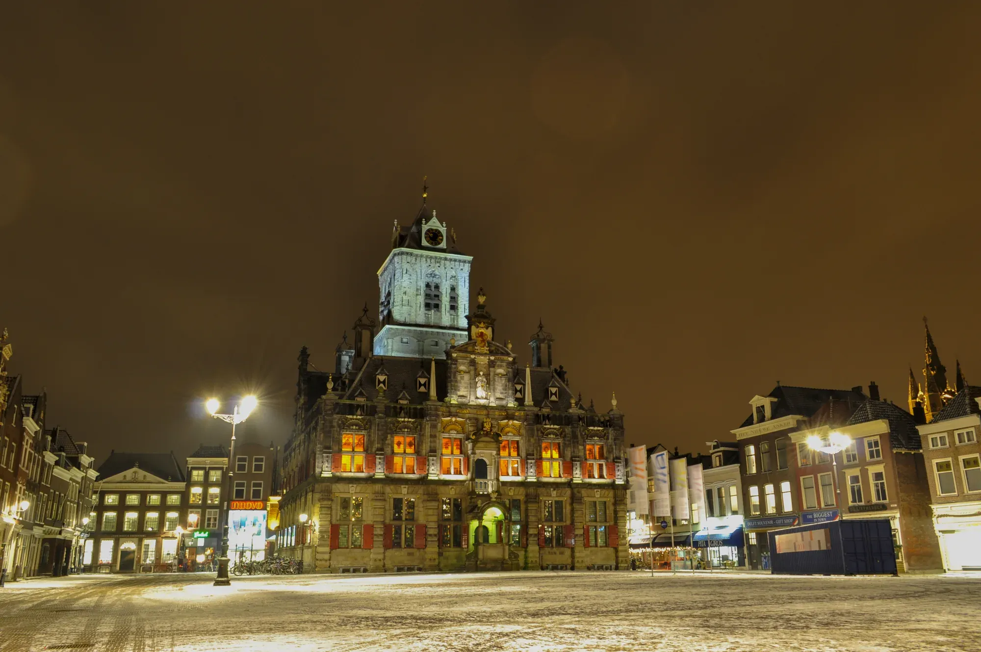 The Stadhuis on the Markt in Delft on a winter night with snow