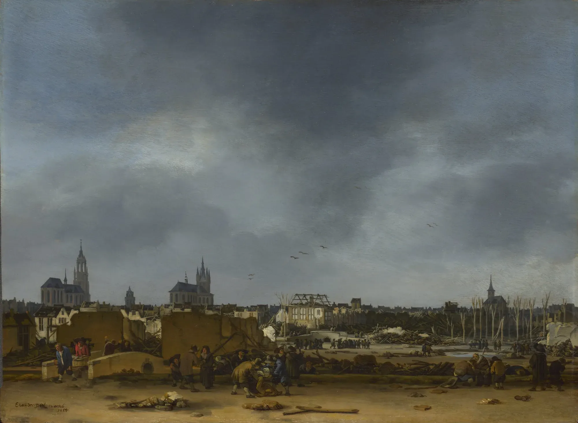 Egbert van der Poel's painting of Delft after the gunpowder explosion of 12 October 1654: ruined houses, bare splintered trees and townspeople searching the rubble under a stormy sky, with church towers on the skyline