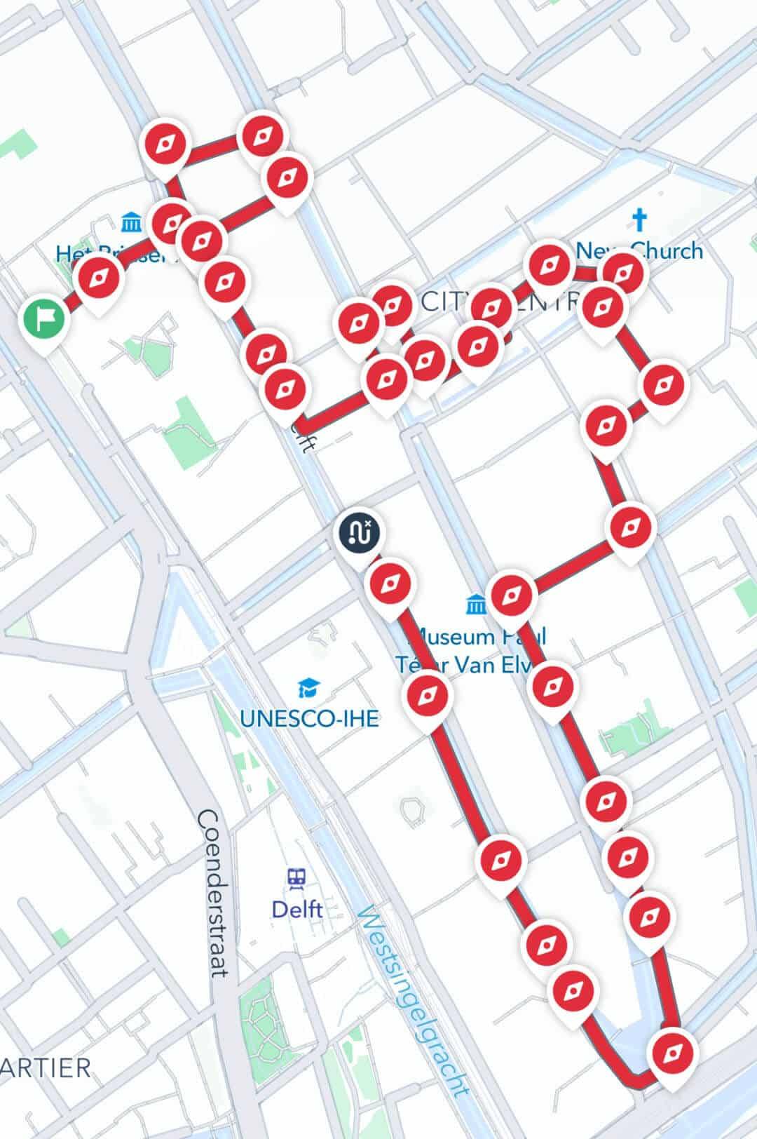 Route of the historical audio tour in Delft